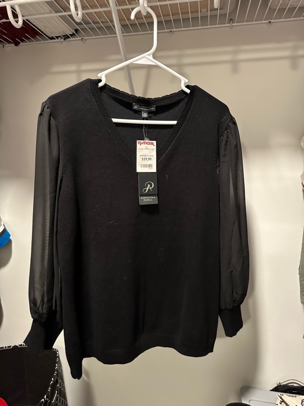 Adrianna Papell Black V-Neck Sheer Sleeve Sweater